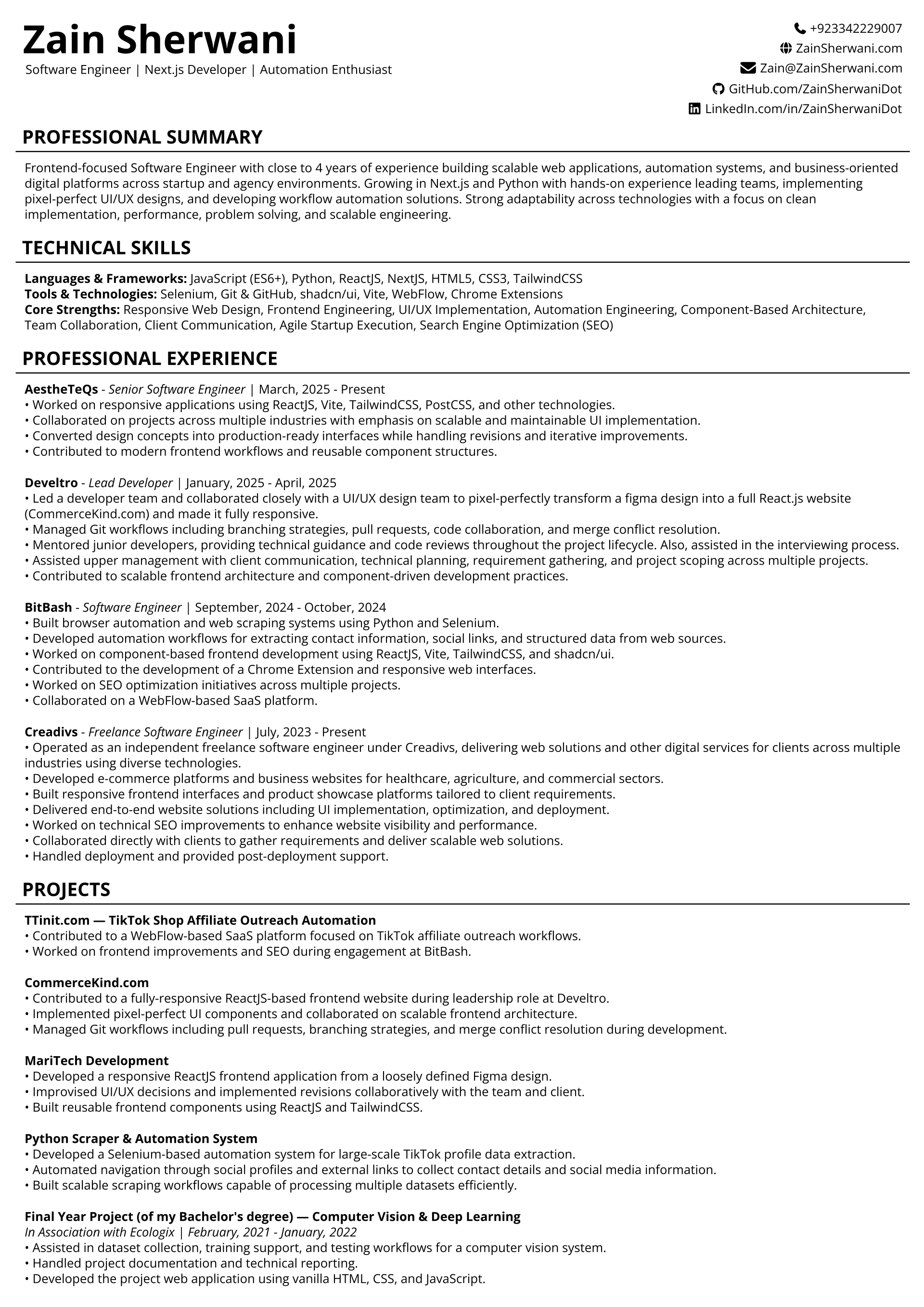 CV of Zain Sherwani